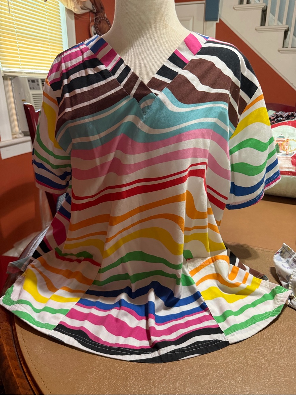V-Neck Multicolor Striped ScrubTop in Bright Rainbow